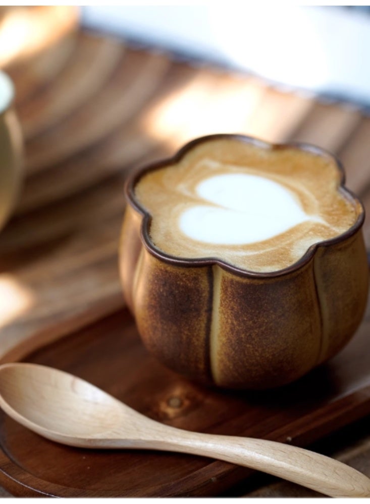 Vintage Flower Rough Pottery Coffee Cup, Ceramic Mug, Creative Tea Cup Coffee Color+Acacia Wood Coaster+Beech Wood Spoon - Image 3
